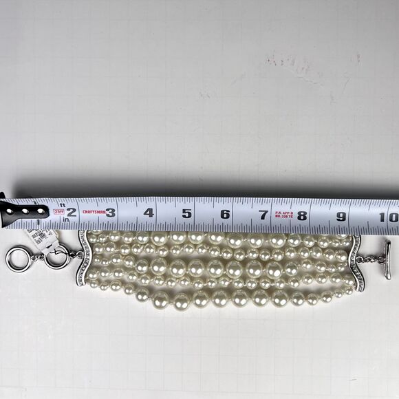 Cezanne 10" x 2" 6-Strand Faux Pearl Rhinestone Bracelet Sensitive Skin Toggle - Picture 8 of 9